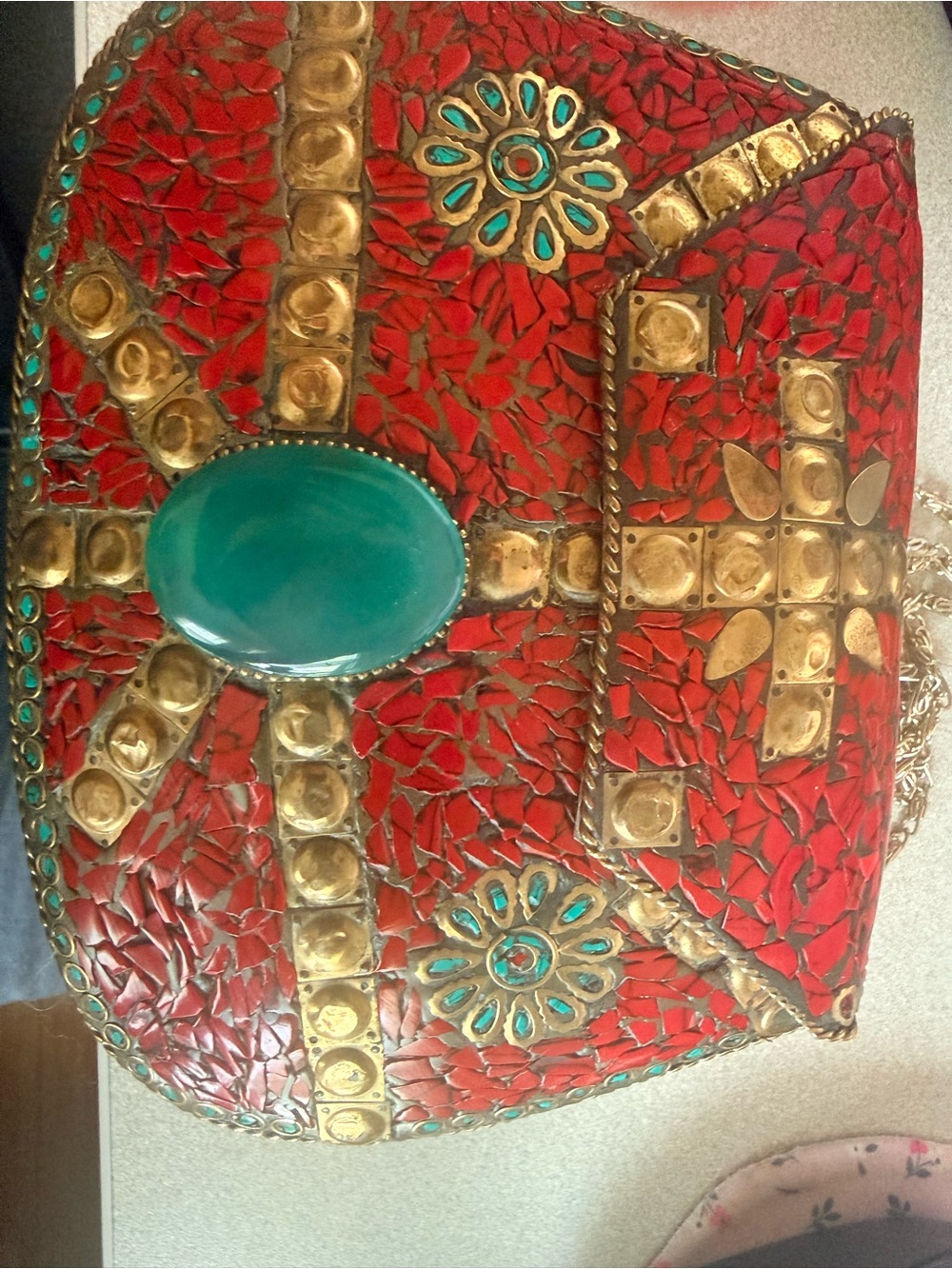 Red Mosaic Embellished Clutch with Teal Stone Accent